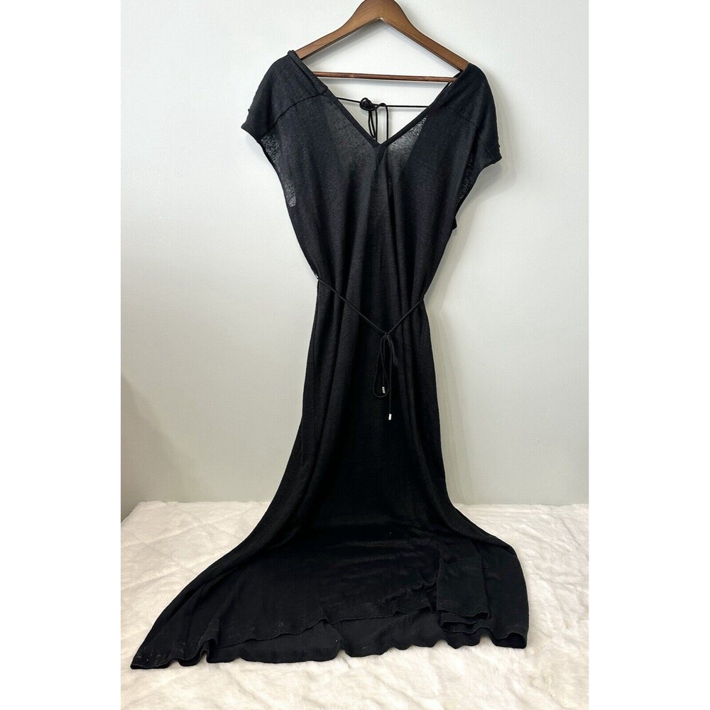 Ninety Percent Black Maxi Dress Plunging Back V-Neck Semi-Sheer Sz L* Waist Tie